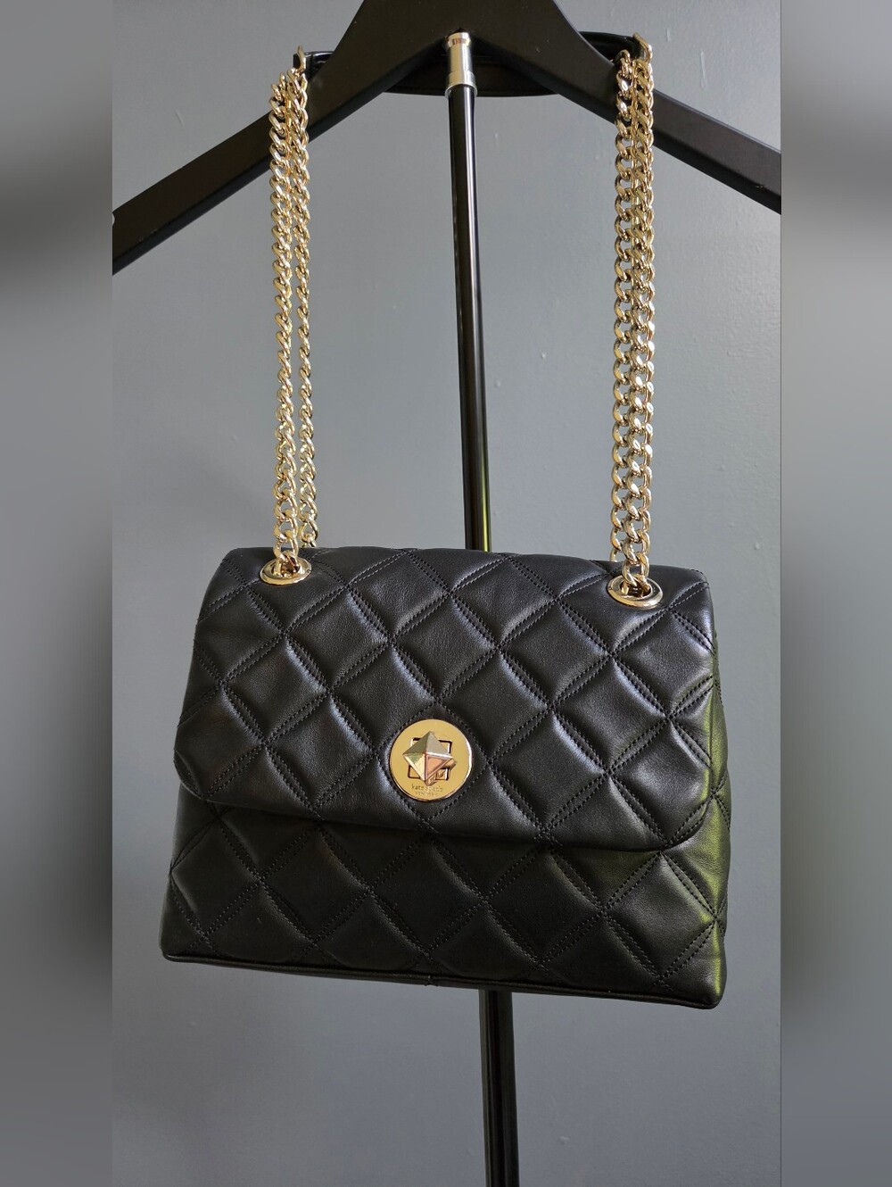 Kate Spade- Cross Body- Black Leather  with Gold Chain And Turn Lock Clousure